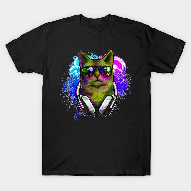 Cat DJ  Rave  DJ  S DJ EDM Rave T-Shirt by Peter Smith